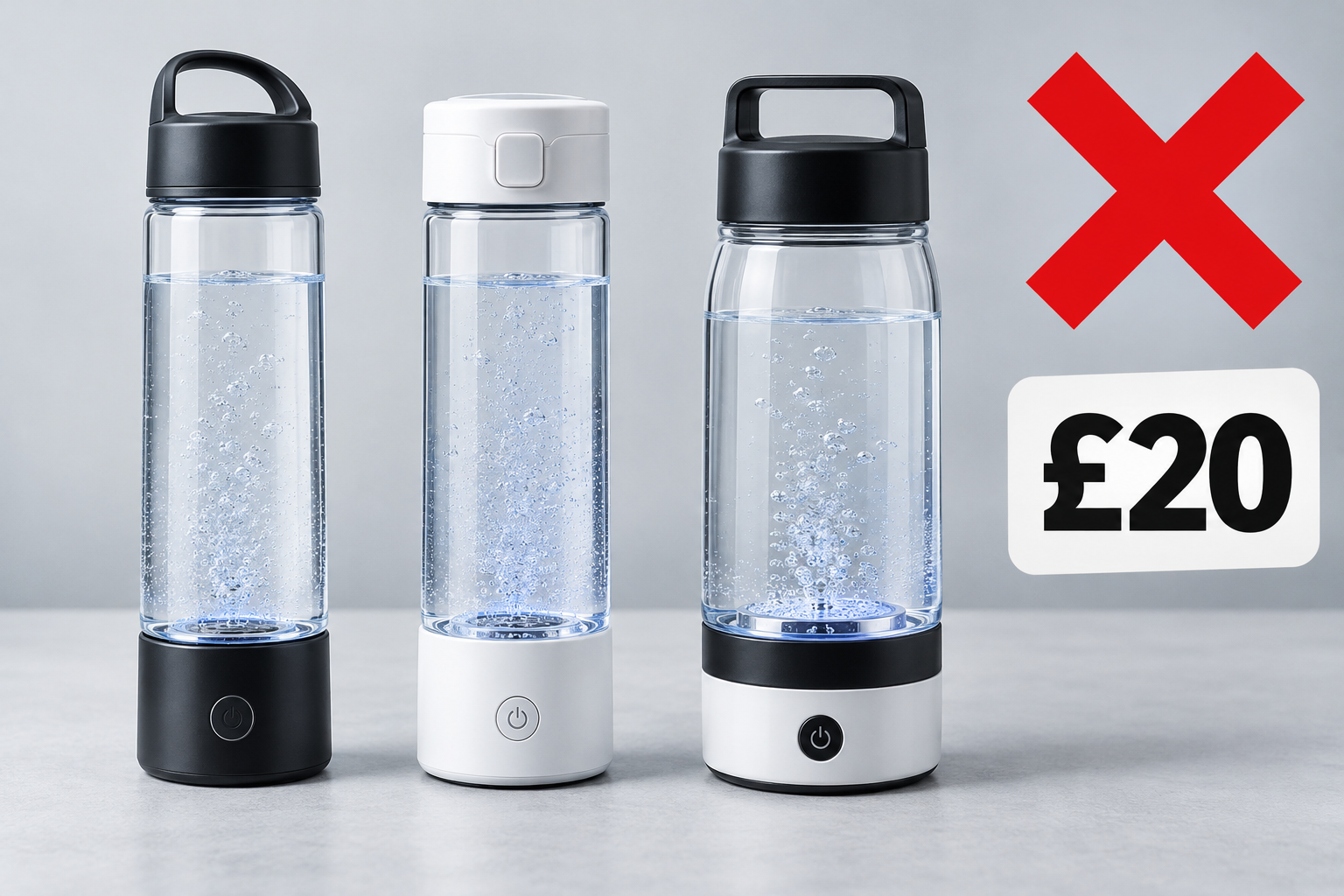 Generic budget bottles with a red cross and an illustrative £20 price